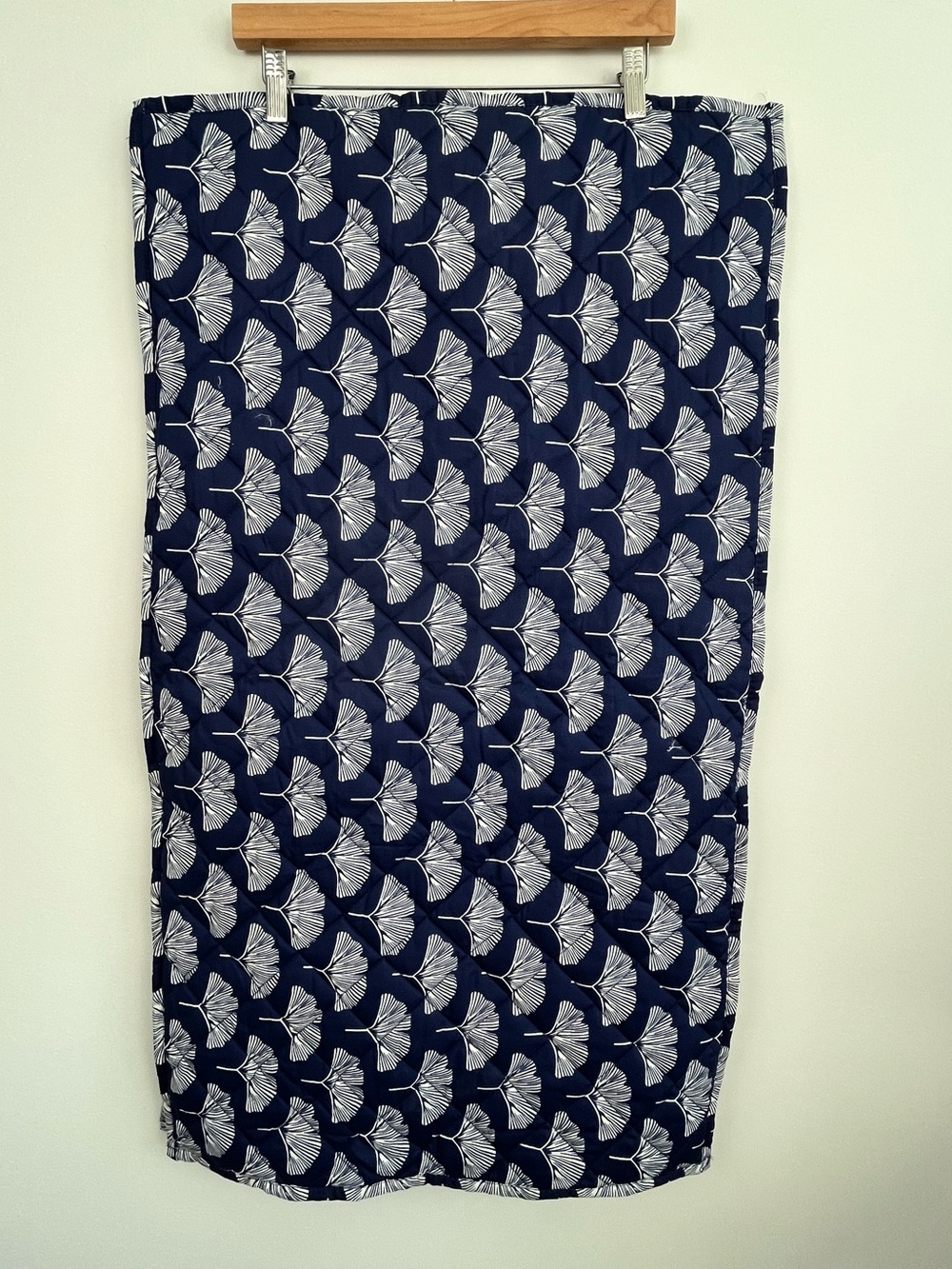 Draper James navy blue quilted ginkgo print king size pillow shams.